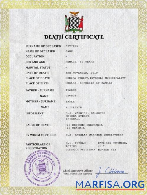 Downloadable Zambia vital record death certificate PSD template